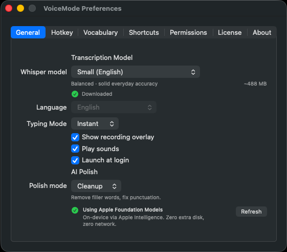 VoiceMode private on-device transcription