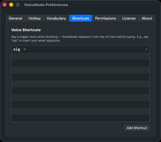 VoiceMode voice shortcuts settings